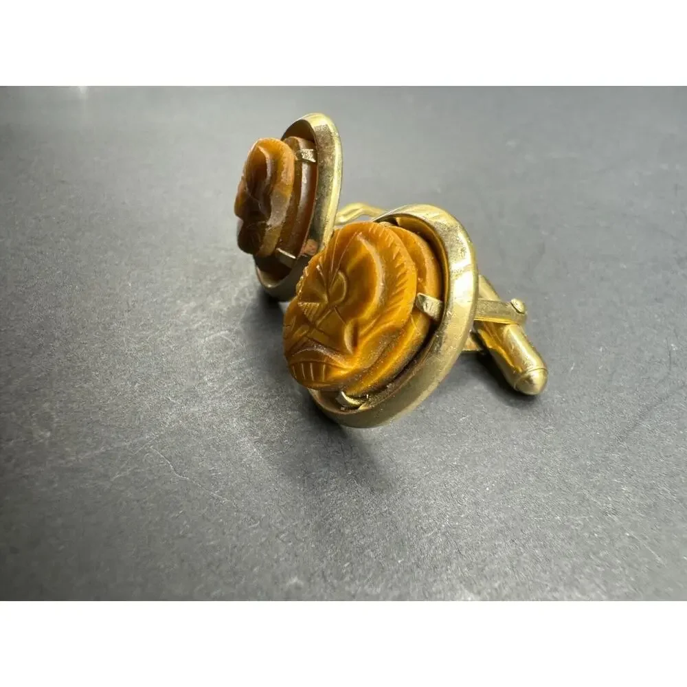 Vintage Gold Tone Carved Tiger's Eye Roman Soldier Warrior Cameo Cufflinks